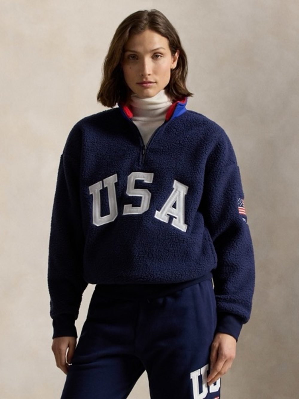 Polo Ralph Lauren Relaxed Fit Flag Fleece Pullover 1/4 Zip USA Blue Large Unisex - Picture 1 of 16